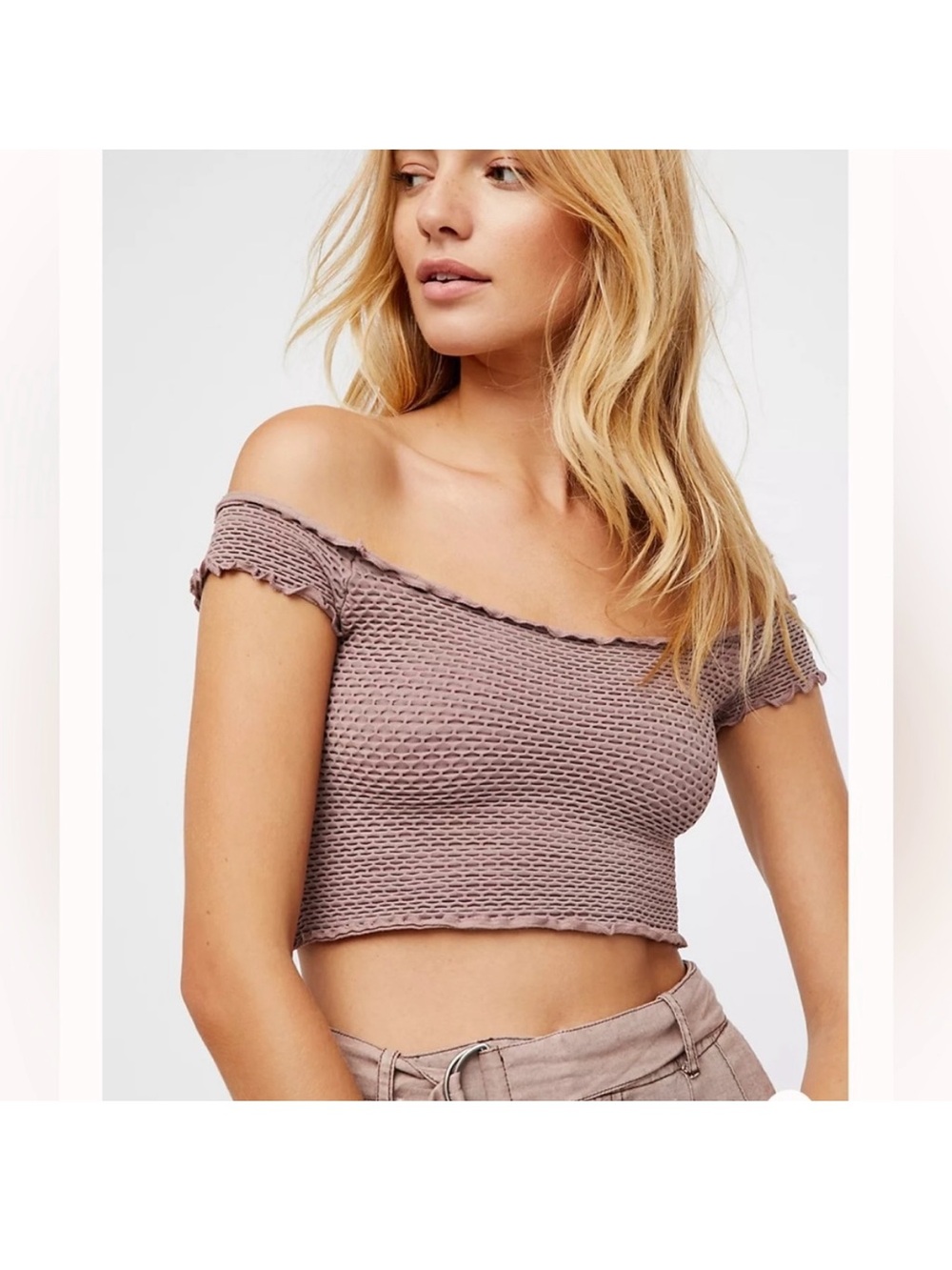 Free People Off-the-Shoulder Textured Crop Top in Mauve